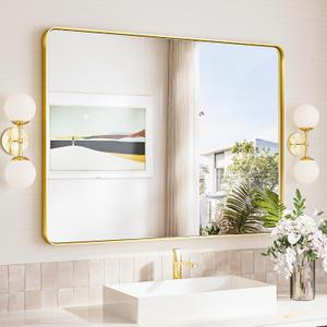 TokeShimi Brushed Gold Bathroom Mirror,40x30 Large Bathroom Mirror Rectangle, Aluminum Vanity Mirror Bathroom Wall with Tempered Glass, Modern Gold Mirror Framed(Horizontal/Vertical)