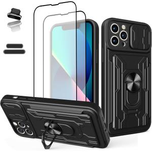 Wallet Case for Apple iPhone 13 Pro Max 6.7 Inch, Credit Card Business Card Slot Sliding Door Hides Portable Design, Double Layer Hybrid Military Grade Rugged Shock Resistant Drop Case (Black)