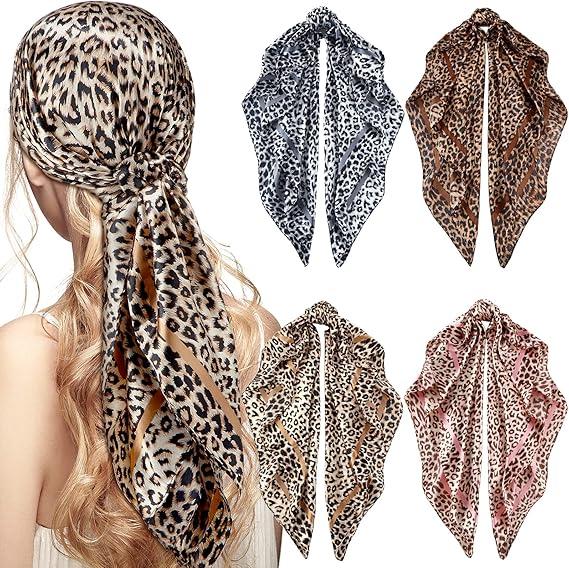 Honoson 4 Pcs 35 Inch Satin Head Scarf for Women's Hair Square Bandanas Large Silk Scarves for Sleeping, Leopard Series