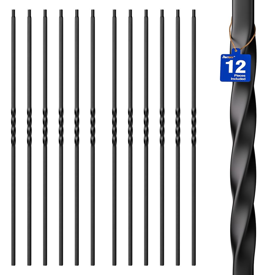 Wrought Iron Hollow Balusters - Deck Spindles Stair Railing Indoor,Stair Single Twist Hollow Iron Baluster Stair spindles, for Staircase Interior (12 Pack Black)