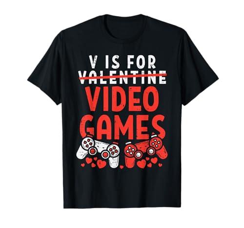 V is for Video Games Funny Valentines Gamer Boy Men Kids T-Shirt Gray, M