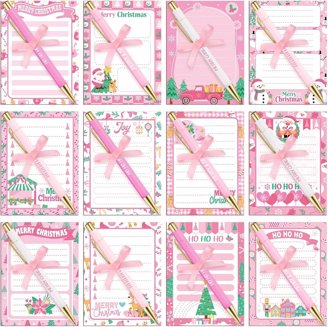 Eaasty 48 Pcs Pink Christmas Notepads and Ballpoint Pens Pink Christmas Gifts Bulk Cute Xmas Notebook Appreciation Gifts for Women Teachers Coworkers Employee Students Office