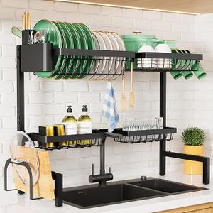 Dish Drying Rack - Over The Sink Dish Drainer Drying Rack with Utensil & Knife Holder, Hooks, Stainless Steel Kitchen Organizers and Storage Solution