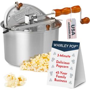 Original Whirley Pop Popcorn Maker - Wabash Valley Farms Gourmet Popcorn Popper, Aluminum Pot With Nylon Gears, 3-Minute Stove Top Popper, Home Movie Night (Silver)