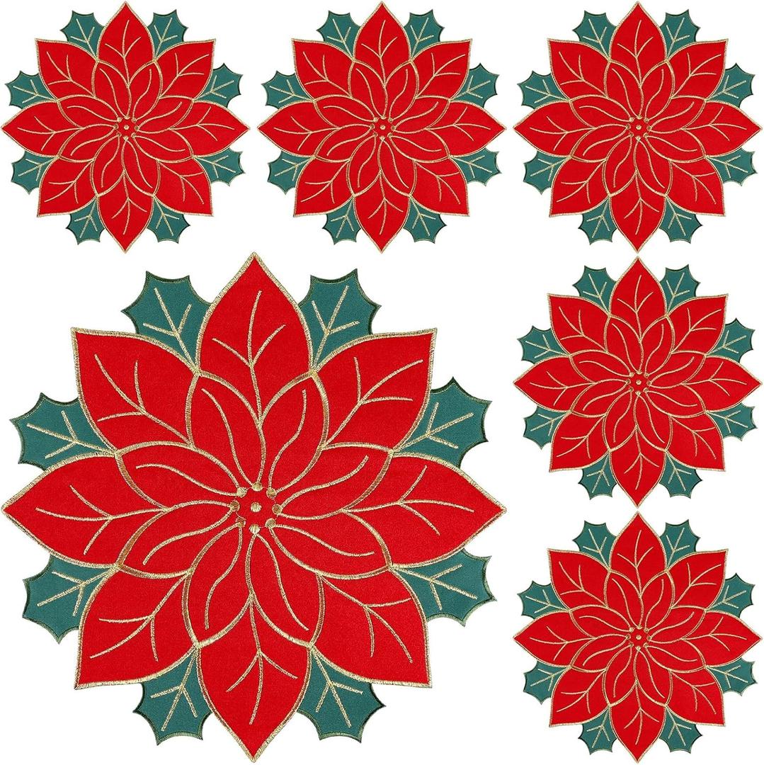 Christmas Placemats Set of 6 Indoor Embroidered Red Round Poinsettia Flower Placemats for Table Decorations Home Winter Holiday Party Kitchen Dinning (Poinsettia Placemats 6)