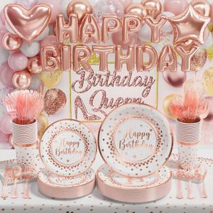 Ecomore White Rose Gold Party Supplies - 258 PCS Girls Birthday Decorations & Disposable Dinnerware Set (Serve 25) With Happy Birthday Paper Plates Cups Napkins Banner Tablecloth Backdrop Balloons kit