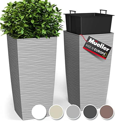 Mueller M-Resin Heavy Duty Tall Planters for Outdoor Plants, Indoor Grande Plant Pots, Boxes, Trees, Flower Pots, 2-Piece Set, 18”, Modern Design, Built-in Drainage, Front Porch Decor, Light Grey