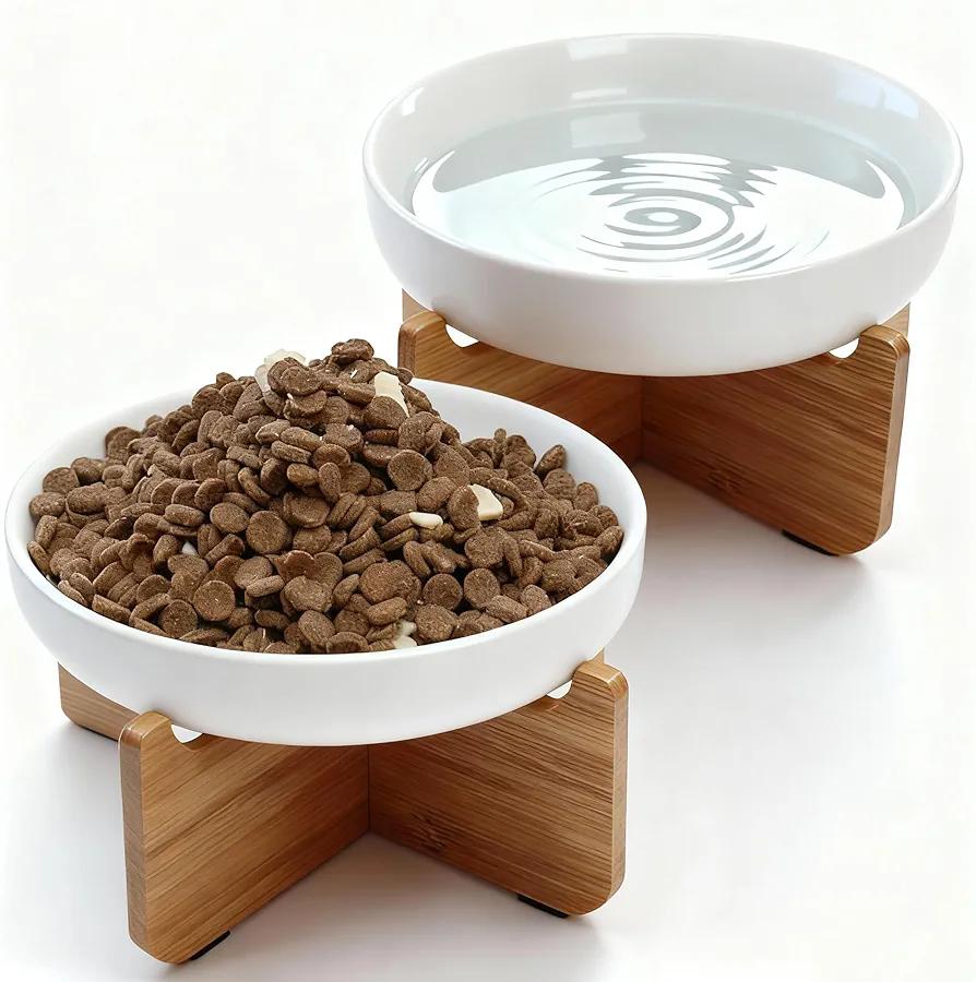 Shallow Elevated Cat Bowls with Bamboo Stand, 6.1 Inch Wide Ceramic Cat Dish Whisker Friendly, 2 Pack Pet Food and Water Plates