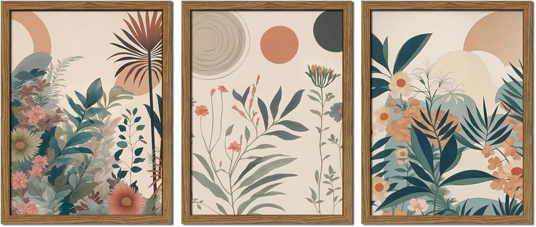 Framed Boho Floral Canvas Wall Art Set of 3, Vintage Burnt Orange Botanical Pictures Wall Decor, Abstract Nature Jungle Plant Paintings Prints for Living Room Bedroom Bathroom 12x16 inch (16L" x 12W")