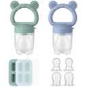2 Pack Silicone Baby Fruit Feeder with Mini Freezer Tray, Baby Teethers, Breastmilk Popsicle Molds for Baby Teething Relief, Fresh Food Feeder for Safe Infant Self Feeding, Extra Food Pouches (Blue/Green)