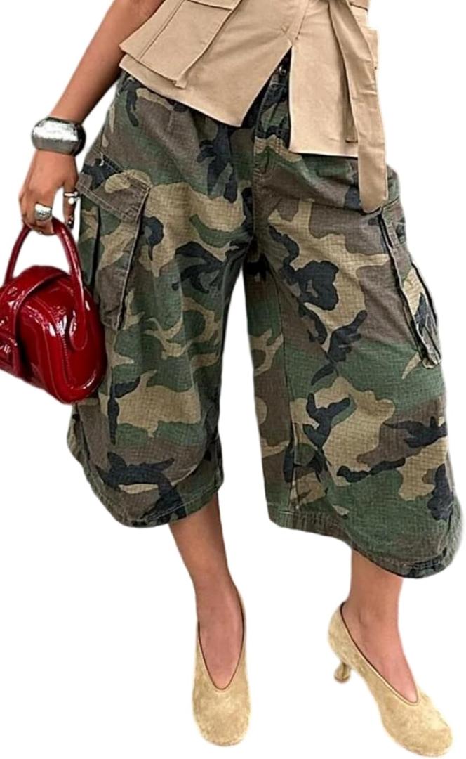 NRTHYE Womens Camo Cargo Jeans Army Fatigue Baggy Wide Leg High Waist Capris Camouflage Trousers Bermuda Boyfriend Pants XL