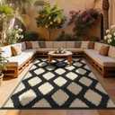 COOLTOP 9'x12 Outdoor Rug for Patios Porches, Waterproof Plastic Camping Rugs, Modern Reversible Mat, Large Area Rugs for Backyard, Deck, RV, Balcony, Picnic, Beach, Black & Beige