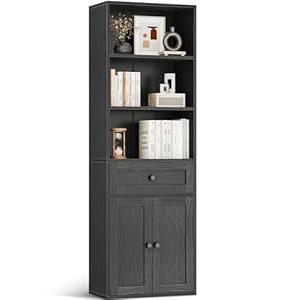Casaottima Bookshelf and Bookcase with Doors and Drawer, Floor Standing 6-Tier Shelf Display Storage Shelves, Tall Bookcases for Home Office, Living Room, Black