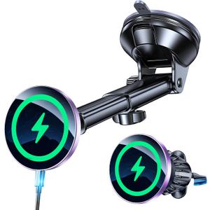 Coolpow for MagSafe Car Mount Charger【Ultra Magnet】 Magnetic Phone Holders for Your Car Charger【Windshield+Vent+Dash】 Magnetic Wireless Car Phone Holder Charger Car Mount for iPhone 17 (Purple)