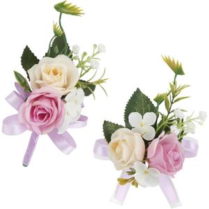 Alizeal 2Pcs of Wrist Corsage and Boutonniere Set, Artificial Flowers Accessories Suit Decor for Wedding Prom Party Homecoming Ceremony, Champagne+Orchid (One Size)