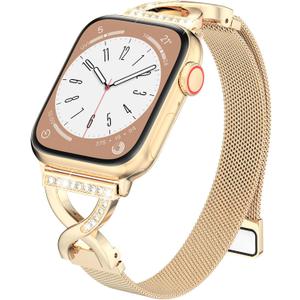 BRG Thin Mesh Loop Compatible with Apple Watch Bands for Women 40mm 41mm 38mm 42mm Series 11 10, Metal Magnetic Stainless Steel Strap with X-Shape Diamond Clasp for iWatch Bands