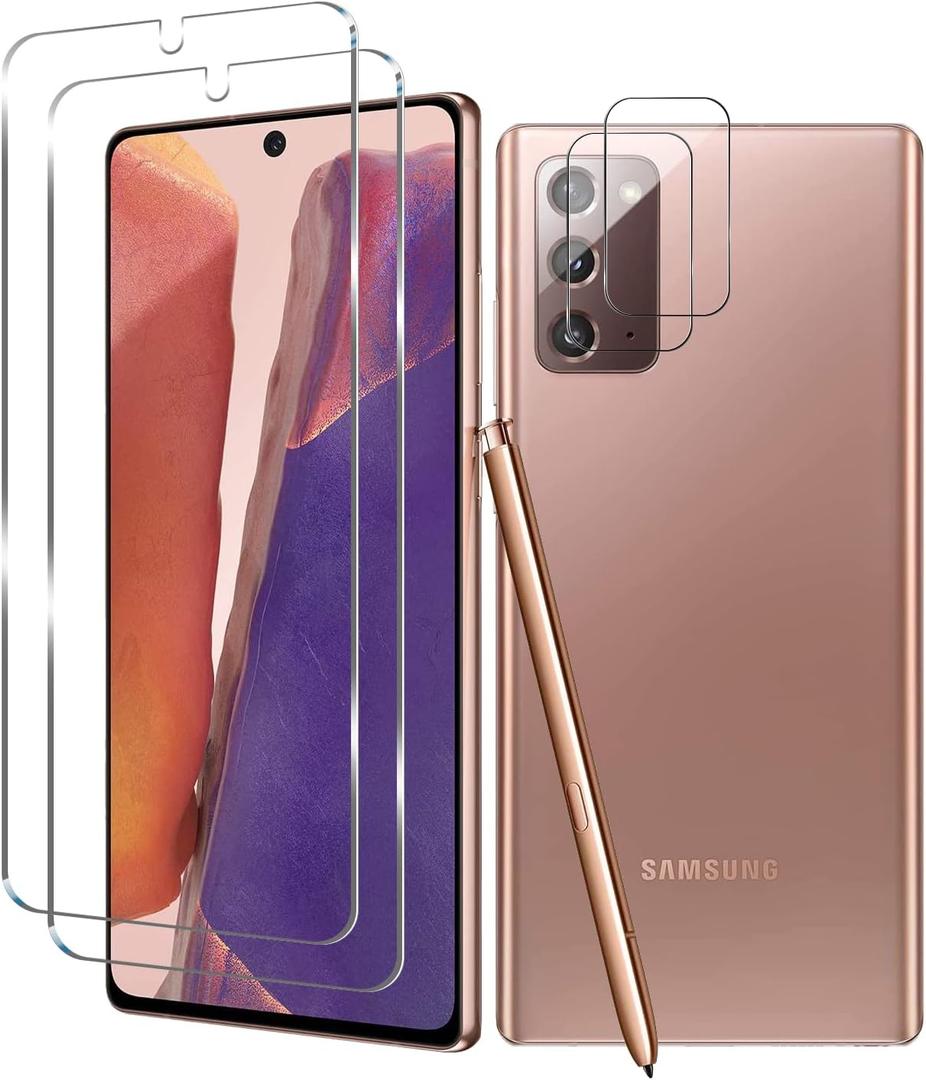 Galaxy Note 20 Tempered Glass Screen Protector + Camera Lens Protector [ 2 + 2 Pack ] [Compatible Fingerprint] [Anti-Scratch] [Case Friendly] Clear HD Protective Film for Samsung Galaxy Note 20