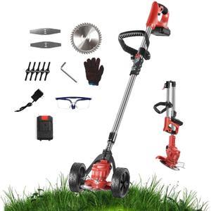 Foldable Cordless Stormer, Electric Lawn Mower Battery Stormer with Adjustable Wheels, Telescopic Electric Lawn Mower, Lawn Edger Brush Cutter for Garden (red,US) (red AU)