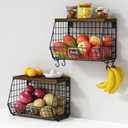 Hanging Wall Fruit Basket for Kitchen Counter 2 Pack, Stackable Wire Baskets for Organizing with Wood Lid, Potato and Onion Storage Bin with Banana Hook for Vegetable Produce, Black + Rustic
