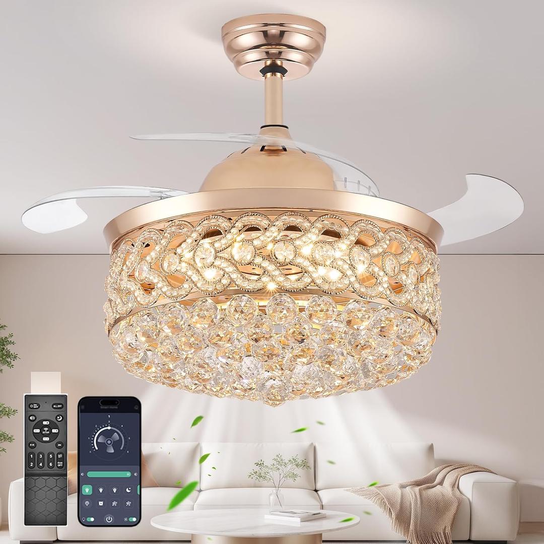 Crystal Chandelier Ceiling Fan with Light Retractable Invisible Blade LED Lighting with Remote Control 6 Speed 3 Lighting Change Black Fandelier with Memory Function 48 Inch Gold