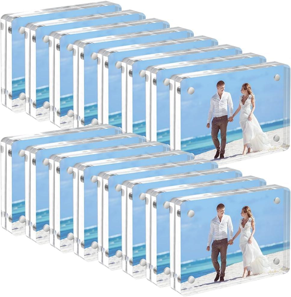 12 PCS Mini Acrylic Picture Frame 2.5x3.5'' Clear Acrylic Business Card Frames Double Sided Magnetic Photo Block Frames 20mm Thick Wallet Size Desktop Display Stand for Office Home Stamp