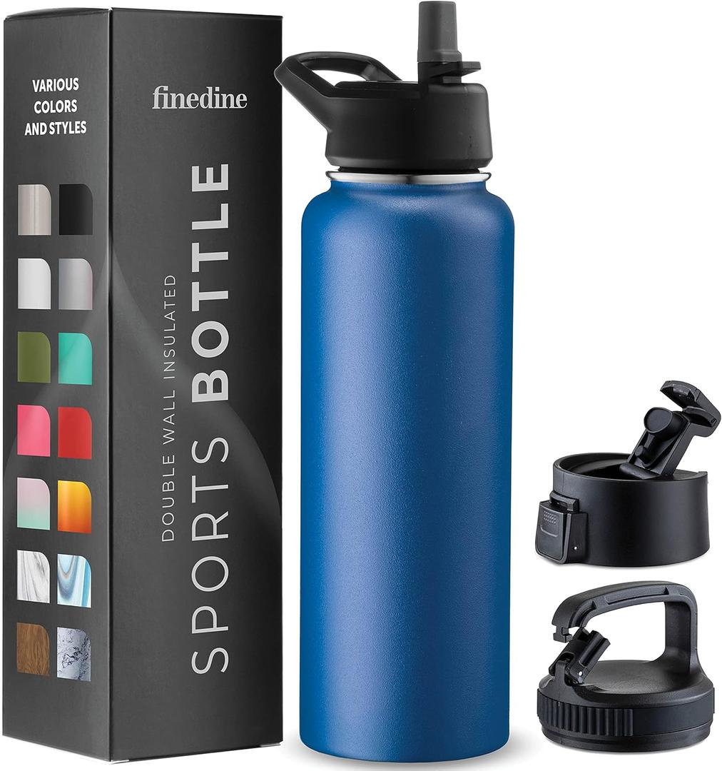 FineDine Triple Walled, Insulated Water Bottles with Straw - 40 Oz Stainless Steel Metal Bottle W/ 3 Leak Proof Lids - For Travel, School, Sports, Gym/Men, Women & Kids - Majestic Sapphire