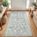 Vintage 3x5 Washable Rug for Entryway, Super Soft Sage Green Grey Entryway Rug with Non-Slip, Printed Faux Wool Floral 3x5 Area Rug Thin Floor Carpet for Kitchen, Bedroom, Living Room