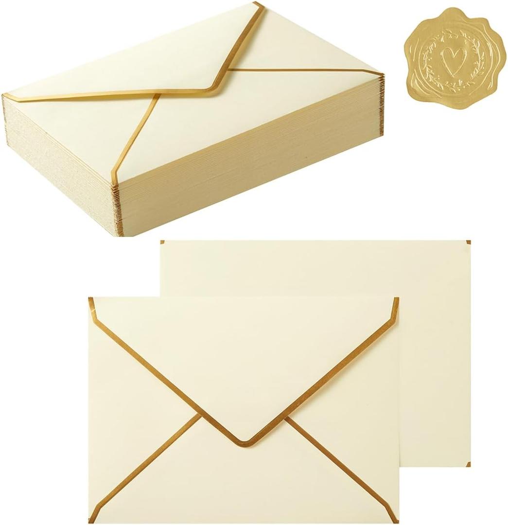 Topeen 50 Pieces A7 Envelopes with Gold Border, 5.24 x 7.21 Inches Envelopes with Gold Stickers for Greeting Cards and Invitation (Cream Color, A7-5x7)