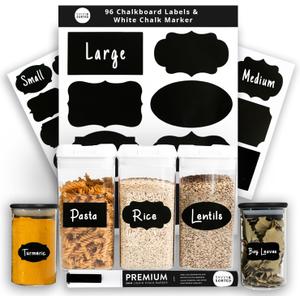 96 Chalkboard Labels for Storage Bins, Chalkboard Stickers with Chalk Maker, Chalk Labels for Kitchen Containers and Organizing, Removable Black Food Pantry Label Stickers for Jars Glass Bottles