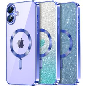 2 x for iPhone 16 Case with 1X Screen Protector, [Seamless Work with Magsafe] [Interchangeable Glitter Card], with Integrated Lens Protection Stylish Women Girls Phone Case for iPhone 16, Blue