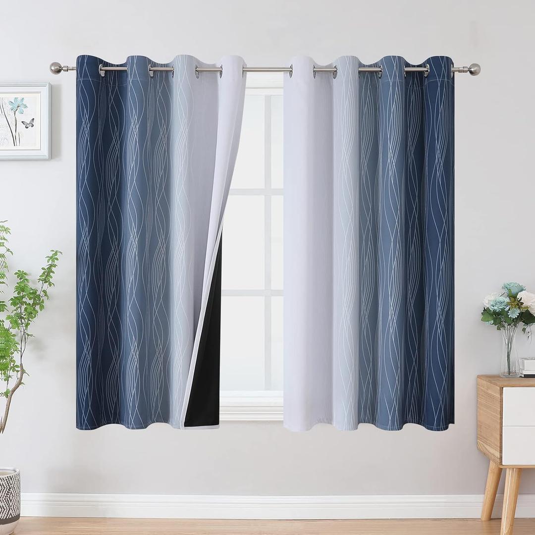 Estelar Textiler Full Room Darkening Greyish White and Navy Blue Blackout Curtains 45 Inch Length 2 Panels Set,Ombre Thermal Insulated Full Light Blocking Grommet Blackout Drapes for Kitchen, 52Wx45L
