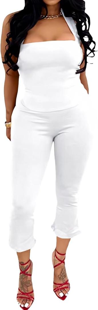 ThusFar Women Sexy 2 Piece Shorts Sets Outfits Halter Backless Crop Tops Bodycon Flared Pants Outfits Clubwear Romper (Large, Typeh-white)