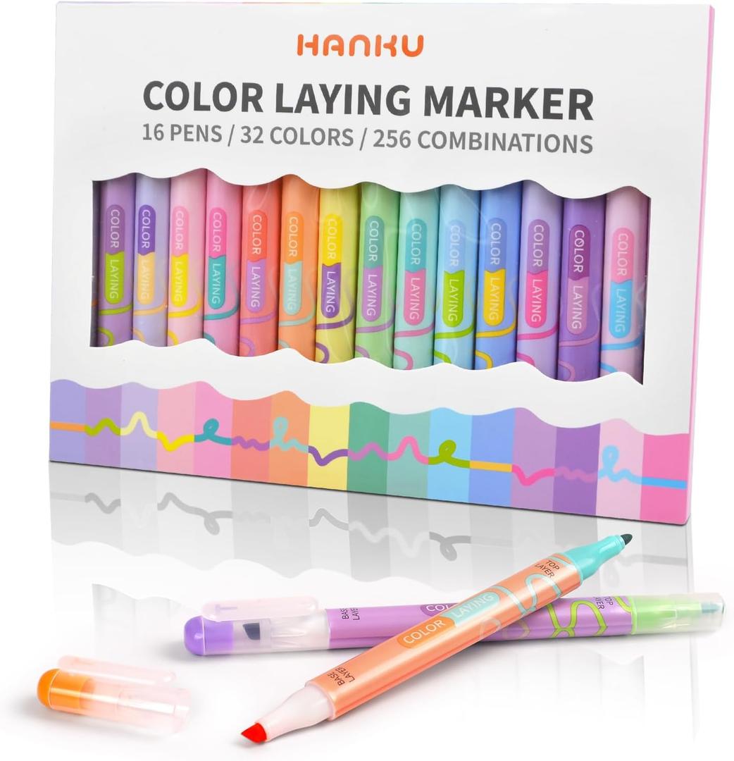 Color Layering Double Sided Markers,16pcs 32Colors Dual Tip Magic Markers,Broad and Fine Tips,Color Changing washable markers,Dry-Quickly Non-Toxic Pens for Bullet Journal,Coloring books