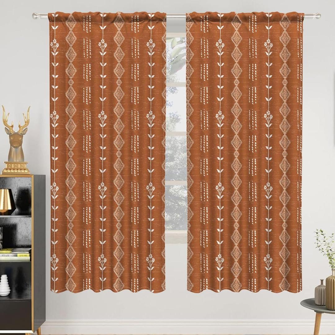 Renaiss 42 x 63 Inch Boho Linen Curtains Blackout for Bedroom Vintage Terracotta Floral Pattern Farmhouse Rod Pocket Curtain Decor Bohemian Living Dining Room Window Treatment Rust Orange 2 Panels