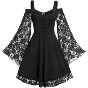 Gothic Vintage Lace Patchwork Women Dress Plus Size Goth Bandage Ladies Spaghetti Strap Dresses (Large, Black) Gothic Vintage Lace Patchwork Women Dress Plus Size Goth Bandage Ladies Spaghetti Strap Dresses (Large, Black)