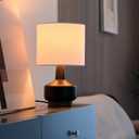 Globe Electric 15" Ceramic Table Lamp, Matte Black Base, Wood-Toned Accent, White Linen Shade, Dual Rotary Switch, Modern Bedroom or Office Lighting, 61000046