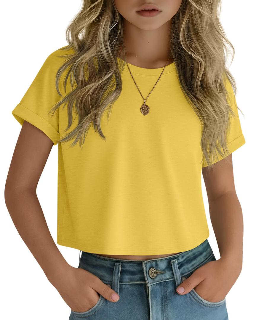 YooAurvox Girls Crop Top Short Sleeve Summer T Shirt Kids Crew Neck Causal Rolled Cuffs Athletic Teen Cute Shirt 5-14 Years(5-6 Years,Yellow)