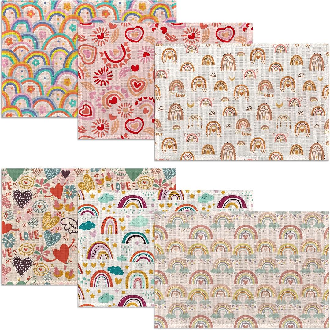 Rainbow Heart Placemats,Boho Whimsical Table Mats Set of 6,12x18 Inch,Waterproof Oil-Proof Washable and Reusable Linen placemats Holiday Party Kitchen Table Decorations