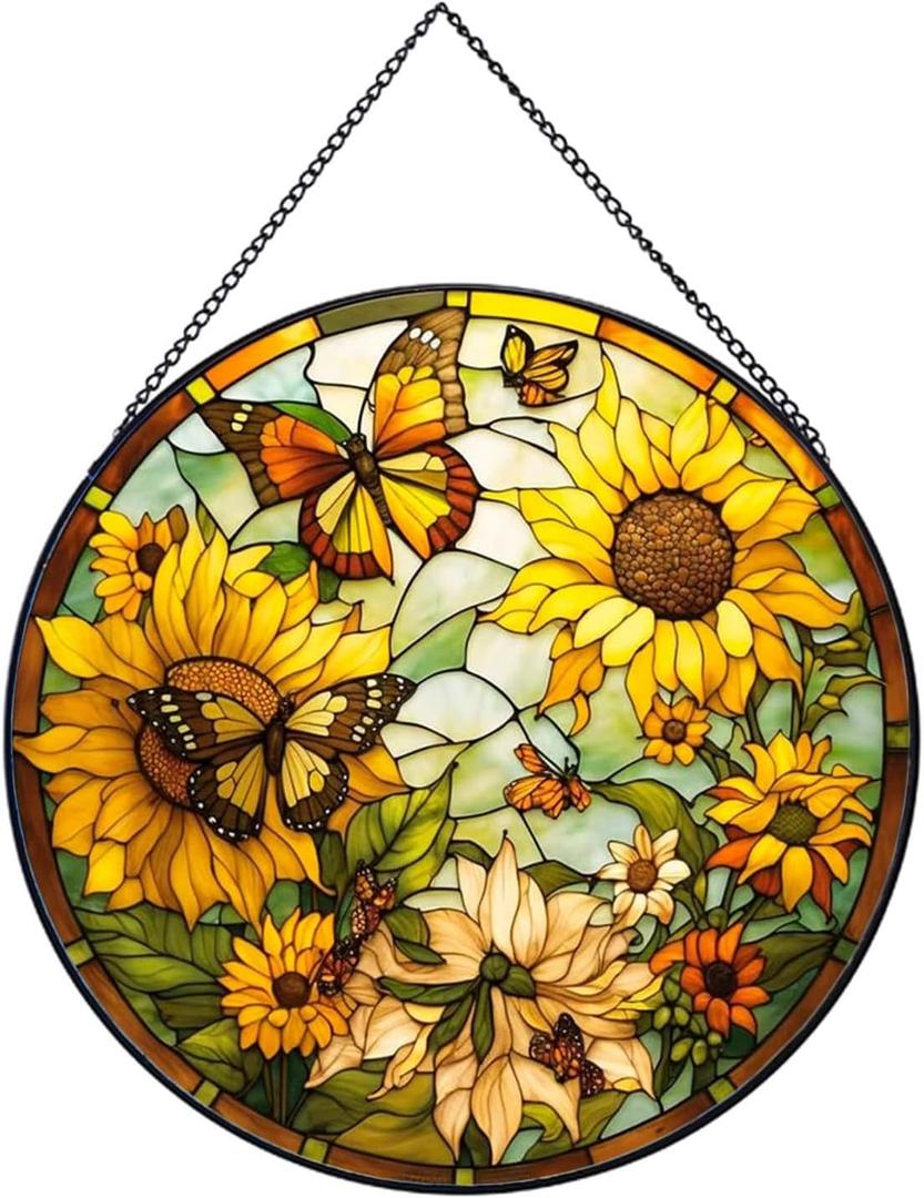 Sunflower Hanging Stained Glass for Windows,20cm/7.87inch Hand-Painted Sun Catcher Garden Hangings Christmas Mother's Day, Valentine's Day Ornaments Festival Gift