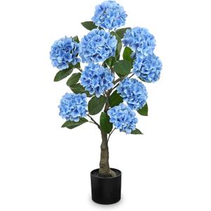 Hollyone 3FT Blue Hydrangea Artificial Flowers Tree Large Real Touch Faux Silk Hydrangea Plants Potted Fake Flower in Black Pot for Home Indoor Outdoor Front Porch Garden Entrance Living Room Decor