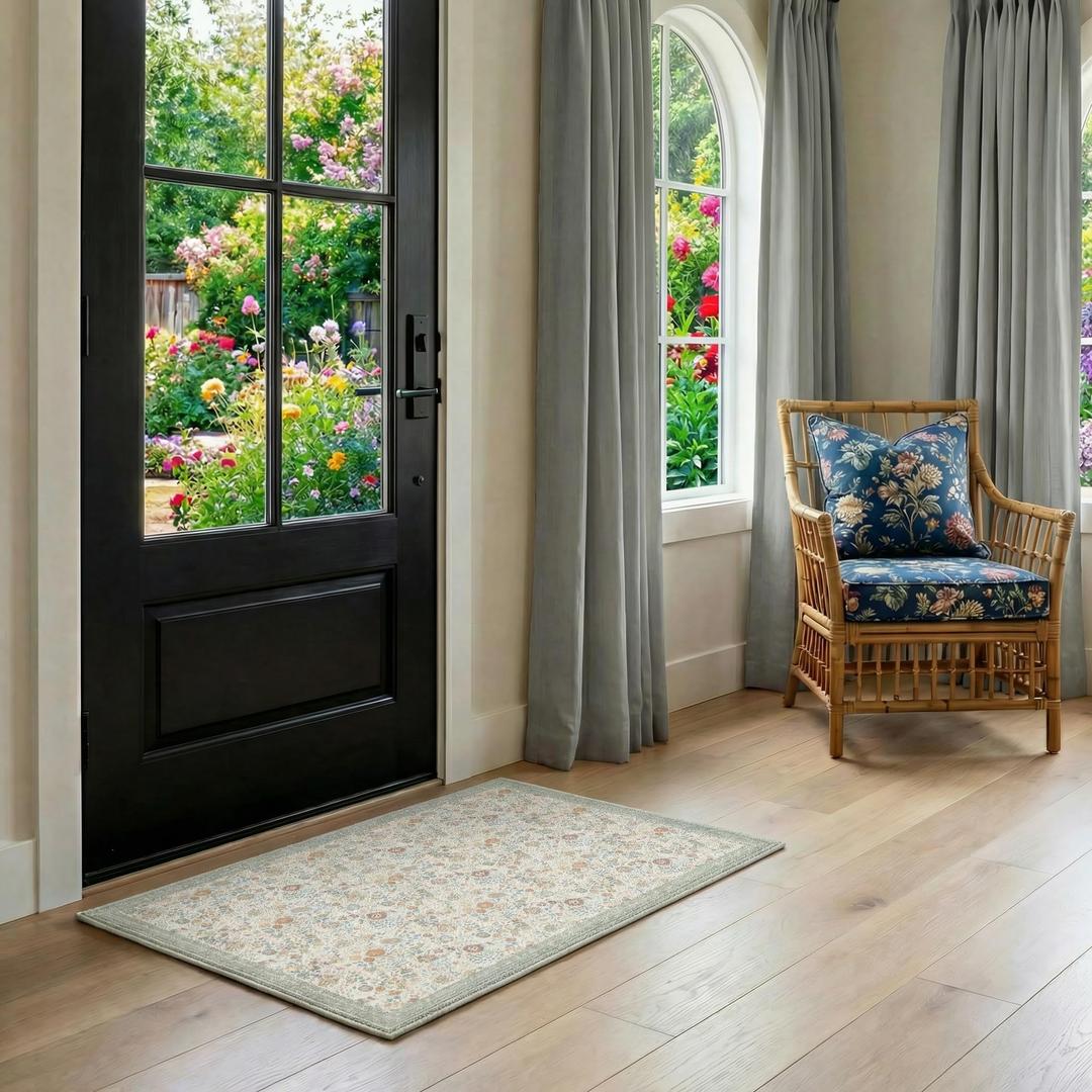 Clemile Floral Oval Rug 4x6 - Washable Ultra-Thin Living Room Rug Non-Slip Carpets - Soft & Stain Resistant Rug for Kitchen Bedroom Dining Room Indoor Nursery Beige Gray