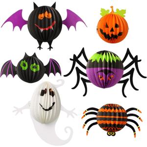 Jeyiour 6 Pack Halloween Paper Lanterns Hanging Decoration, 3D Honeycomb Ghost Spider Bat Pumpkin Paper Lantern Set, Foldable Jack O Lantern Party Decor for Indoor Outdoor Home Tree Halloween Display