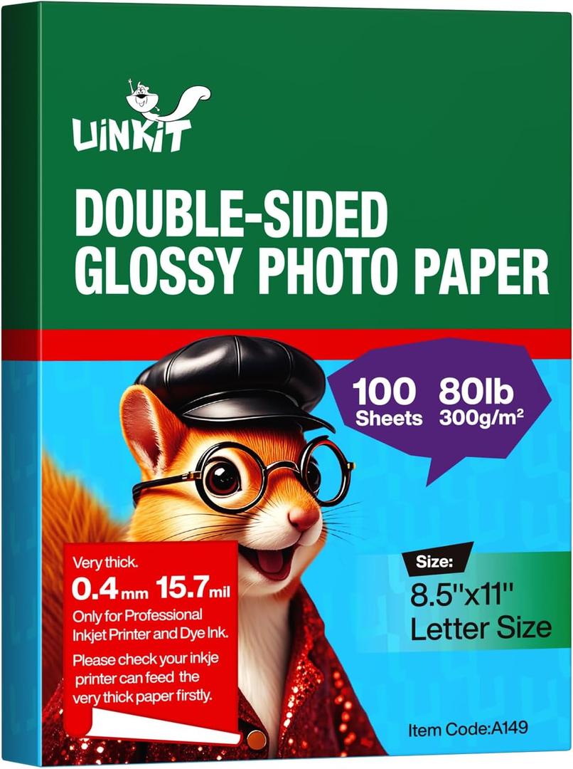 Uinkit 100 Sheets 8.5x11 Letter Size Thick Heavyweight Photo Paper Double Sided Glossy Cardstock 80LB 300Gsm 15.7Mil Brochure, Only for professional Inkjet Printer and Dye Ink (100)