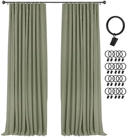 INOVADAY 100% Blackout Curtains for Bedroom, Black Out Curtains 84 Inch Long, Clip Rings Linen Blackout Drapes, Thermal Insulated Room Darkening for Living Room, 2 Panels - Light Sage Green,W50xL84