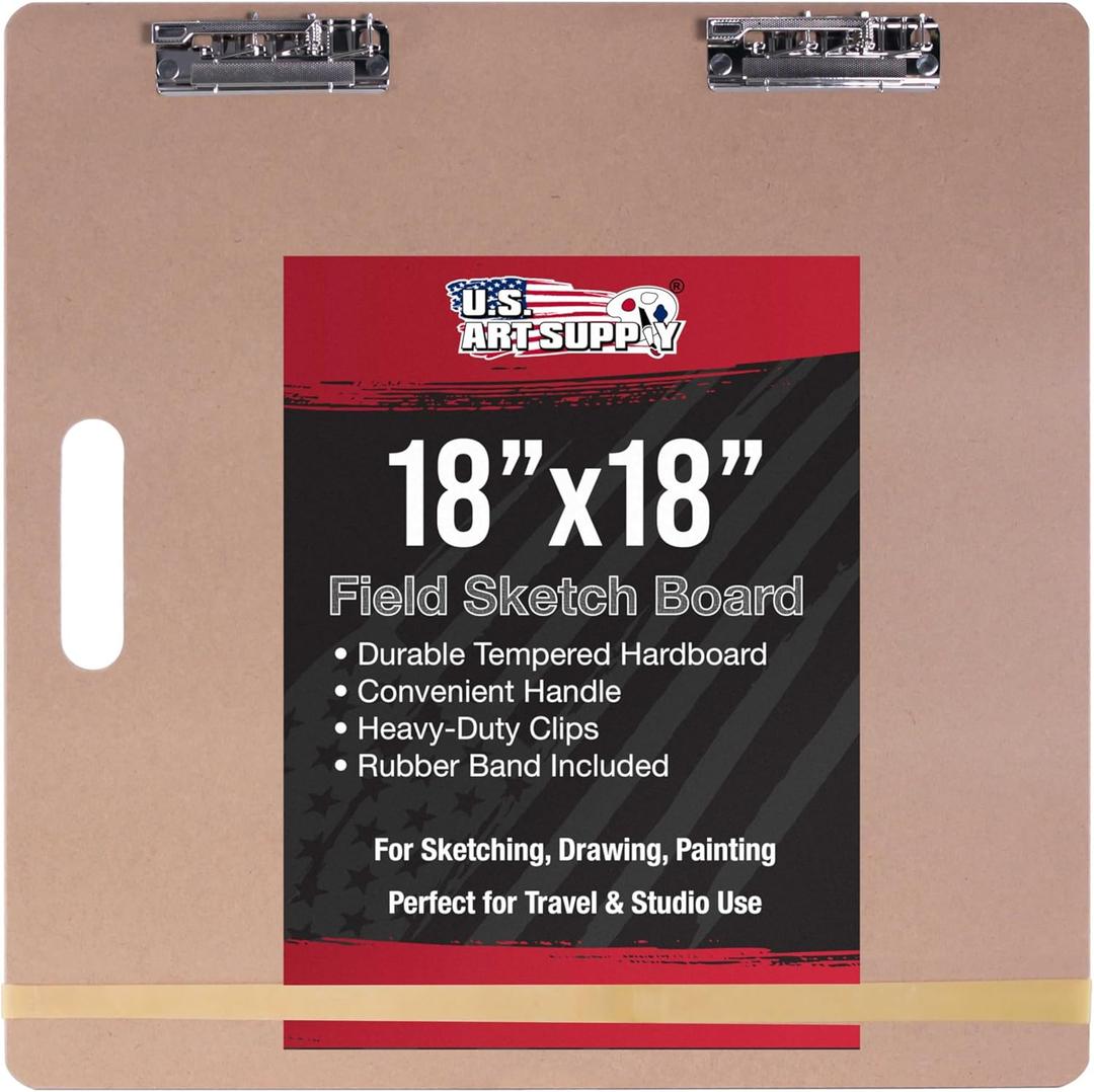 U.S. Art Supply 18" x 18" Artist Sketch Tote Board - Lightweight Hardboard Drawing Board with Handle, Clip & Rubber Band for Art, Sketching, Travel, Studio