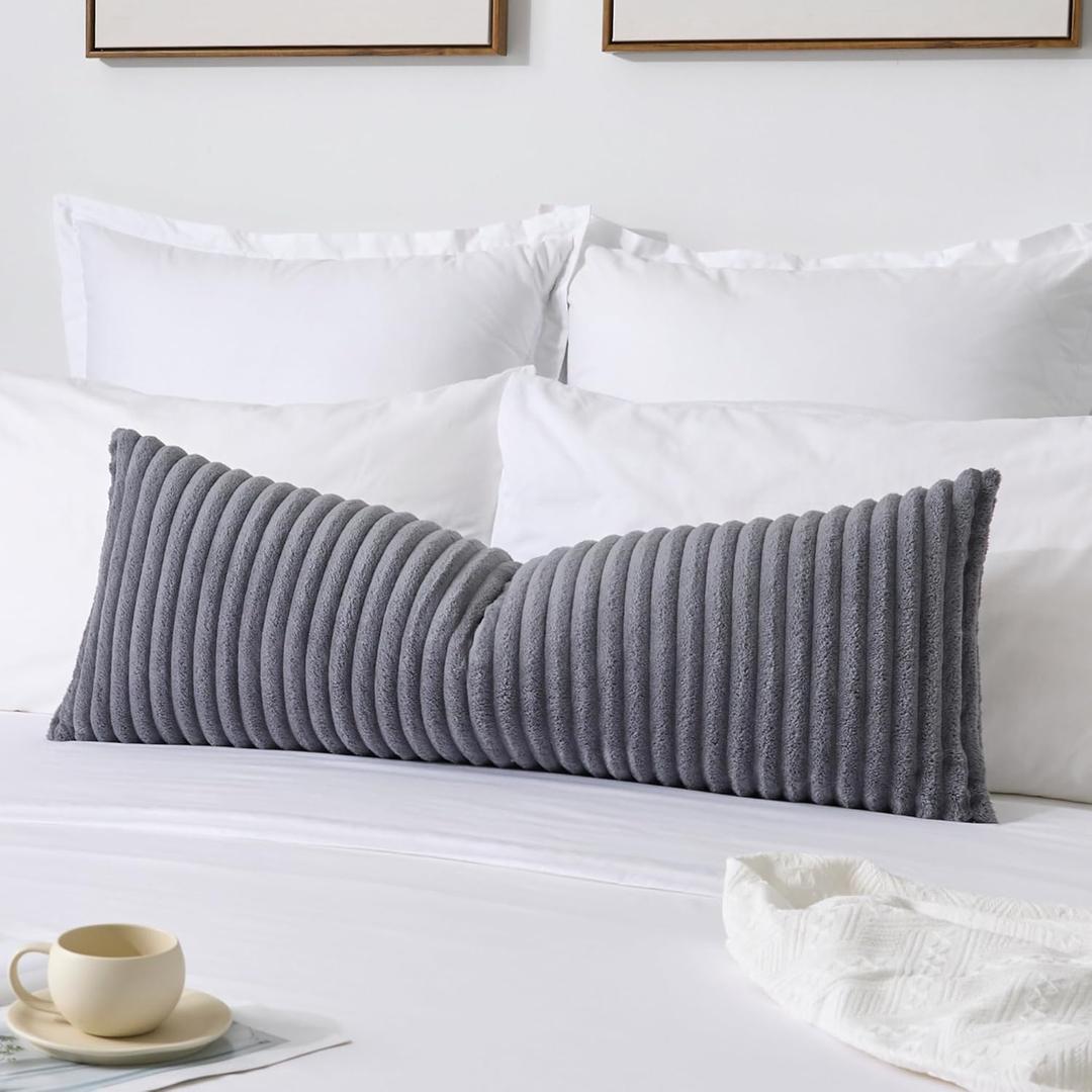 Kevin Textile Soft Plush 14x36 Inch Long Lumbar Pillow Cover 1 Pack, Luxury Fluffy Faux Fur Striped Flannel Rectangle Body Cushion Case for Couch Sofa Chair Bed Home Decor, Dark Grey