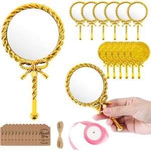 12 Pcs Vintage Handheld Mirrors with Handle, 6" L x 3.3" W Portable Hand Held Embossed Flower Compact Mirror with Ribbon and Thank You Tags for Women Face Makeup Travel (Gold)