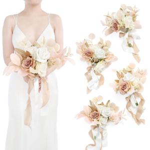 Ling's Moment Artificial Flowers Boho Bridesmaid Bouquet Set of 4, White Beige Wedding Flowers Bouquets for Bridesmaids, 7 Inch Bridal Bouquets for Bridesmaids, Wedding, Ceremony, Anniversary, etc