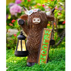 Highland Cow Statue for Garden Decor: Outdoor Welcome Cattle Lantern Decoration for Yard Lawn Balcony Patio Ornament - Gifts for Mom Women Grandma(Brown)