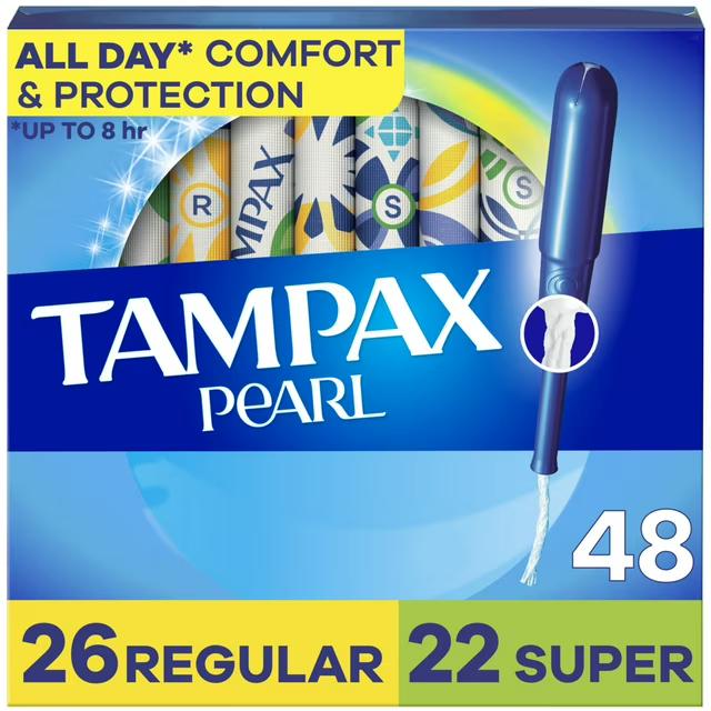 Tampax Pearl Tampons Multipack, with LeakGuard Braid, Regular/Super Absorbency, Unscented, 48 Count